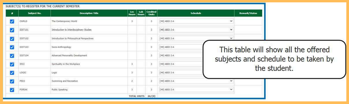Subjects to register